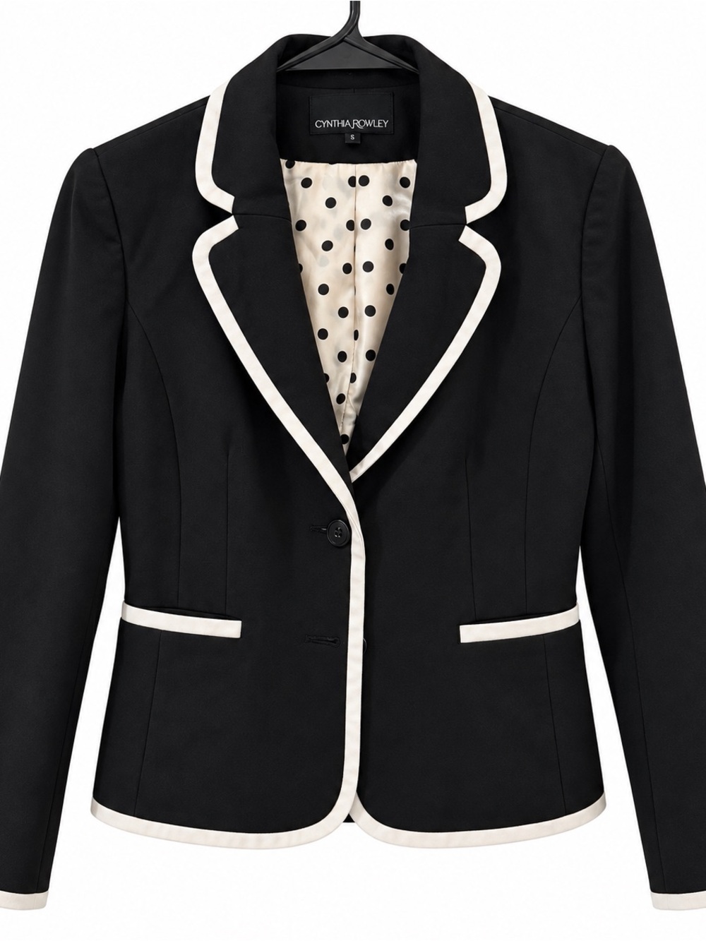 Cynthia Rowley Black Blazer with White Trim and Polka Dot Lining